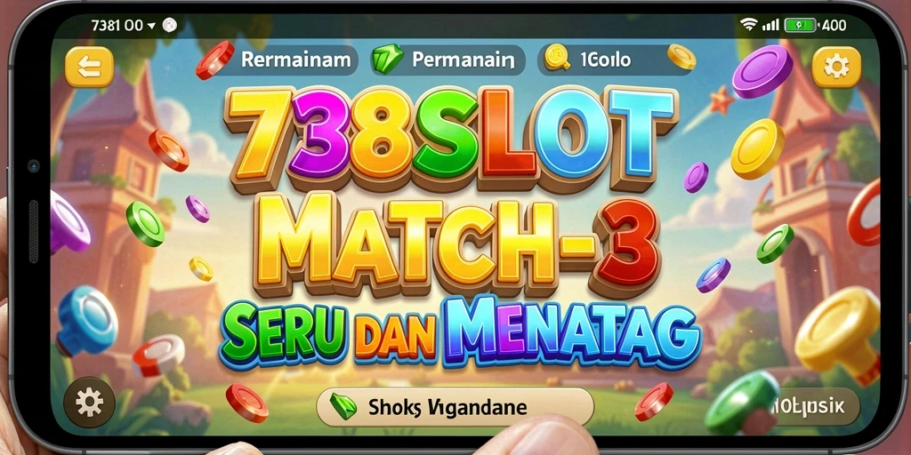 Tampilan screenshot utama 738SLOT menampilkan aksi mencocokkan simbol dalam level Match-3.