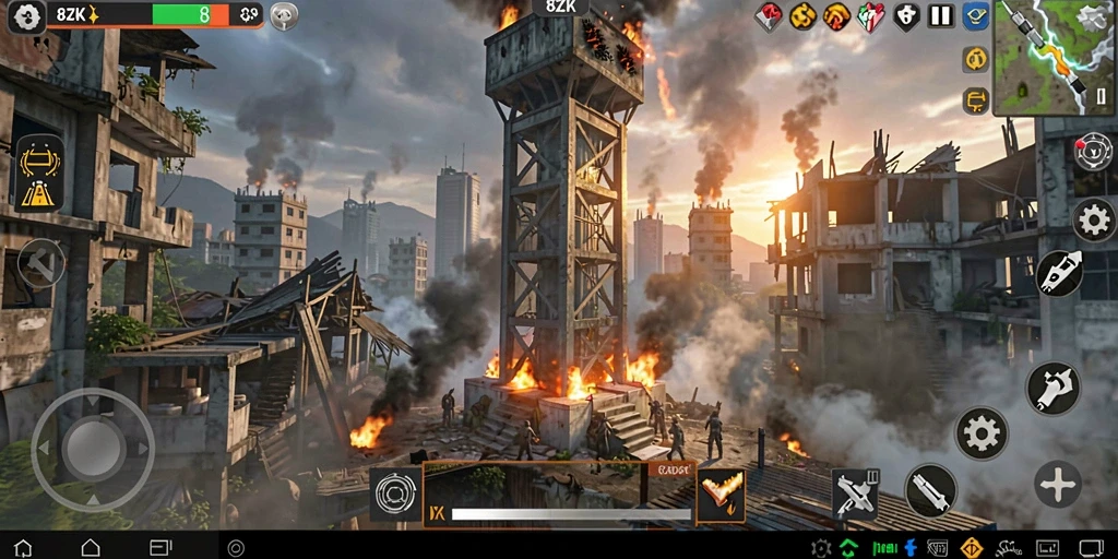 Screenshot gameplay 8ZK menampilkan menara pertahanan yang strategis.