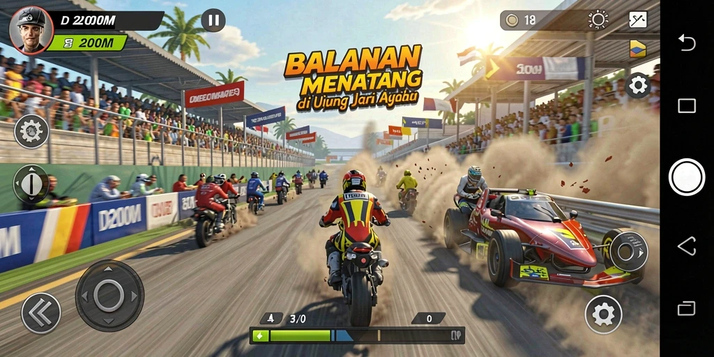 Tampilan gameplay balapan seru di D200M dengan mobil yang melaju kencang.