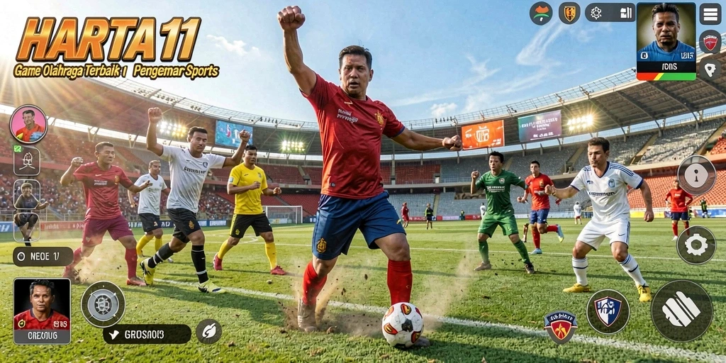 Screenshot utama HARTA11 menampilkan aksi seru dalam permainan olahraga.