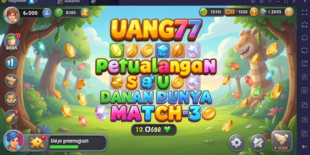 Screenshot UANG77 menampilkan aksi seru permainan Match-3 yang penuh warna.